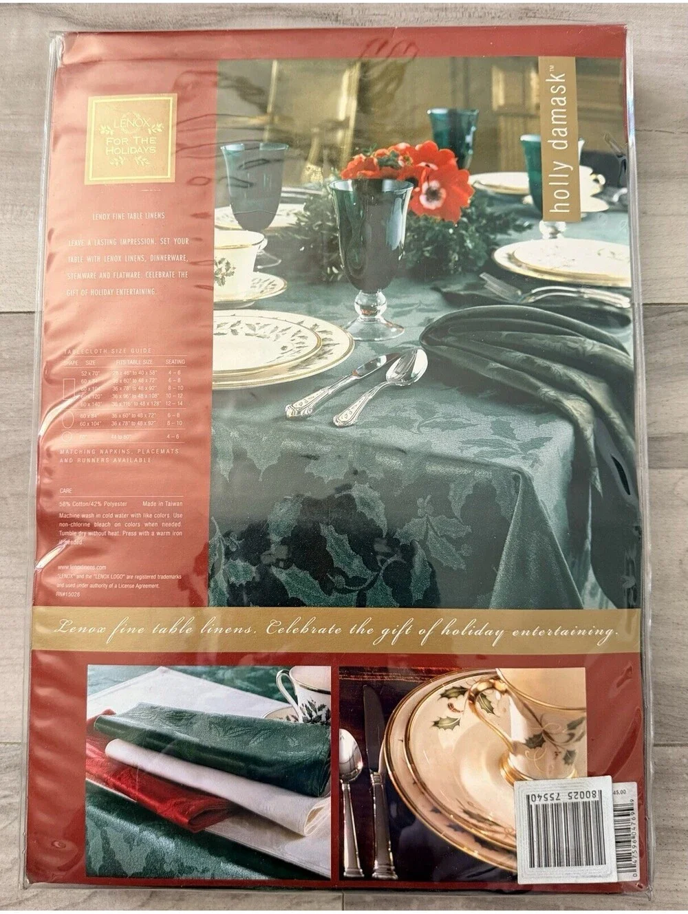 Lenox Holly Damask  Christmas Green Oblong Tablecloth 60 x 120” New In Package